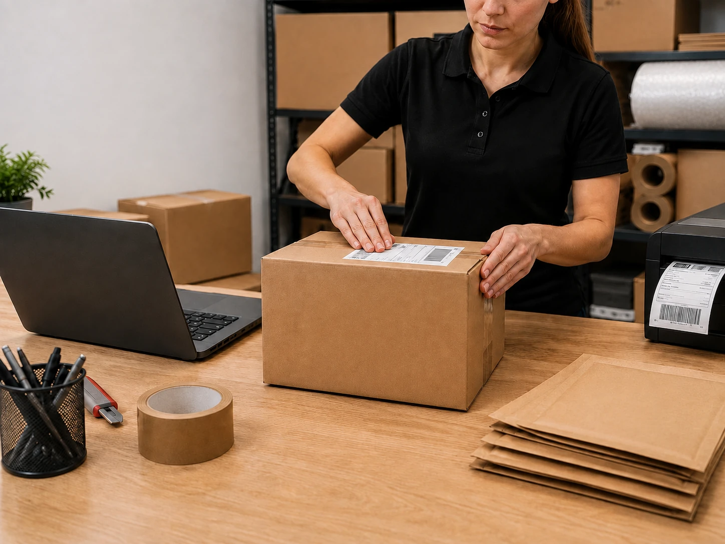 Pracownik MBE Warszawa nakleja etykietę wysyłkową na zamówienie przygotowane w ramach obsługi fulfillment.