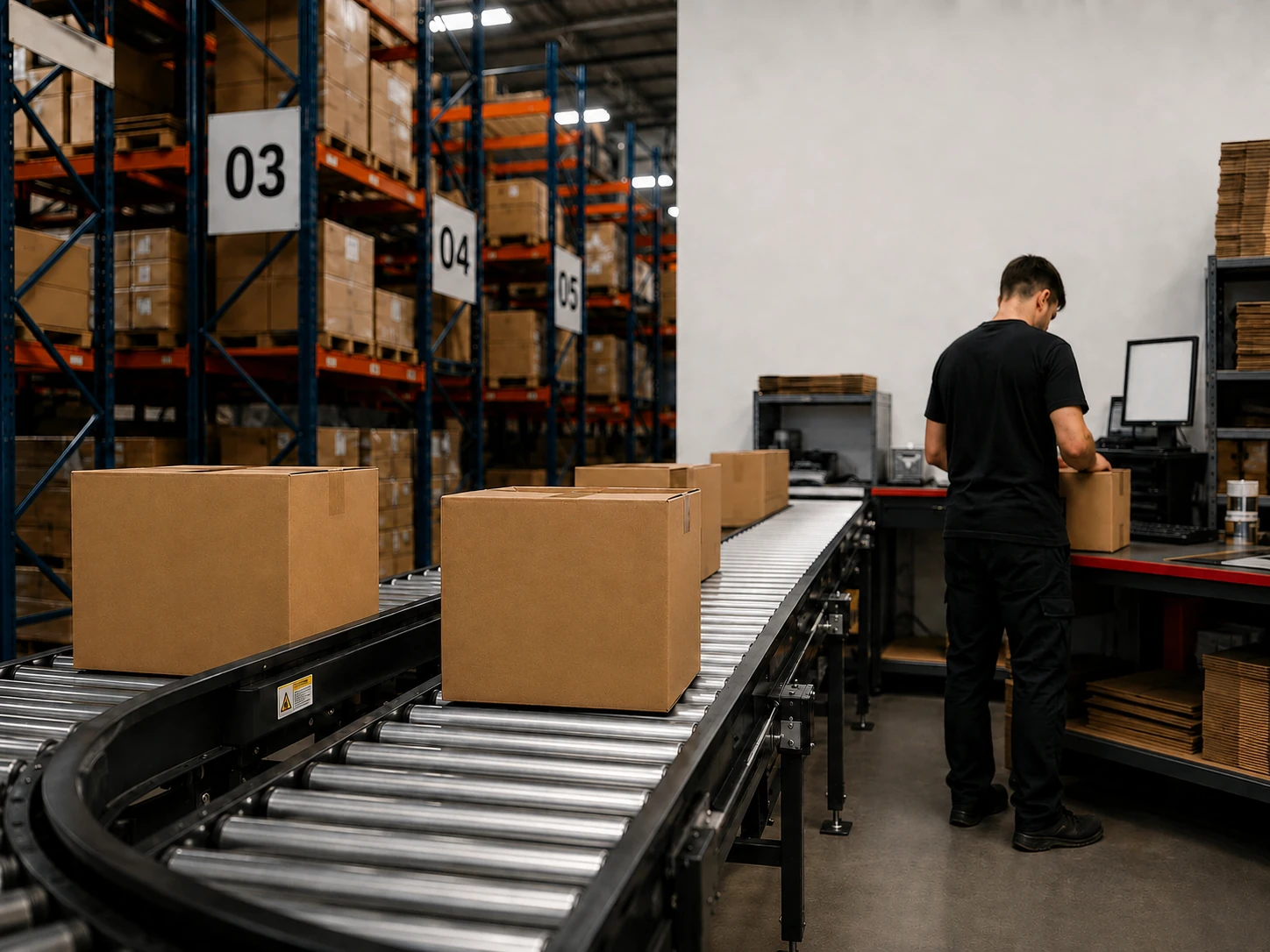 Stanowisko fulfillment MBE z paczkami przygotowywanymi do wysyłki dla klientów sklepów internetowych.