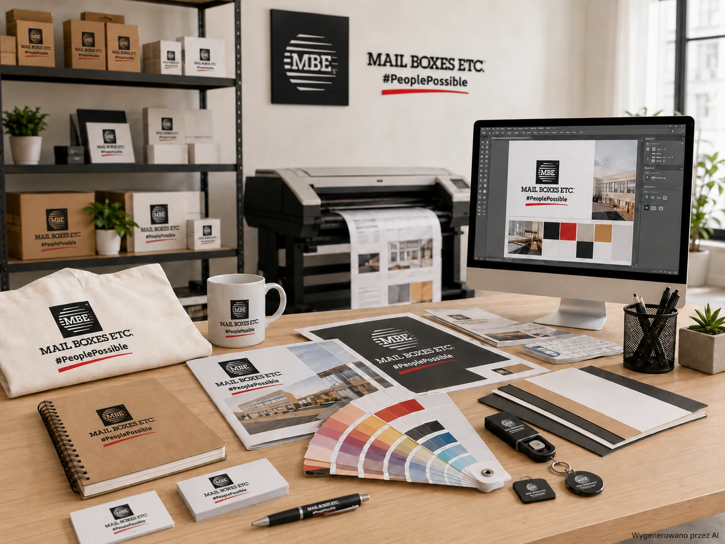 Materiały firmowe, projekty graficzne i produkty z brandingiem przygotowywane przez MBE Warszawa.